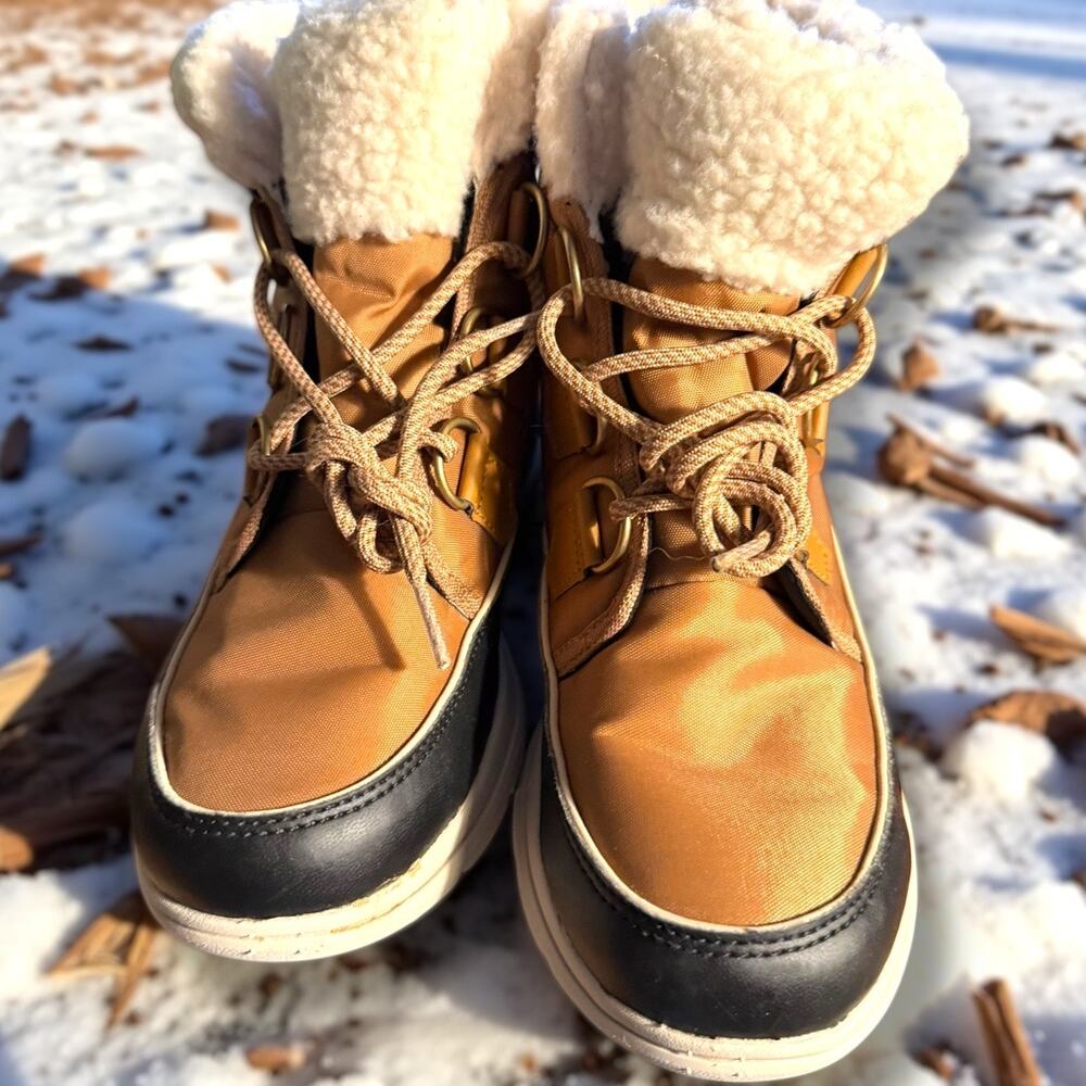 Women's 9 SOREL Explorer Carnival Tan Brown Insulated Nylon Waterproof Boots